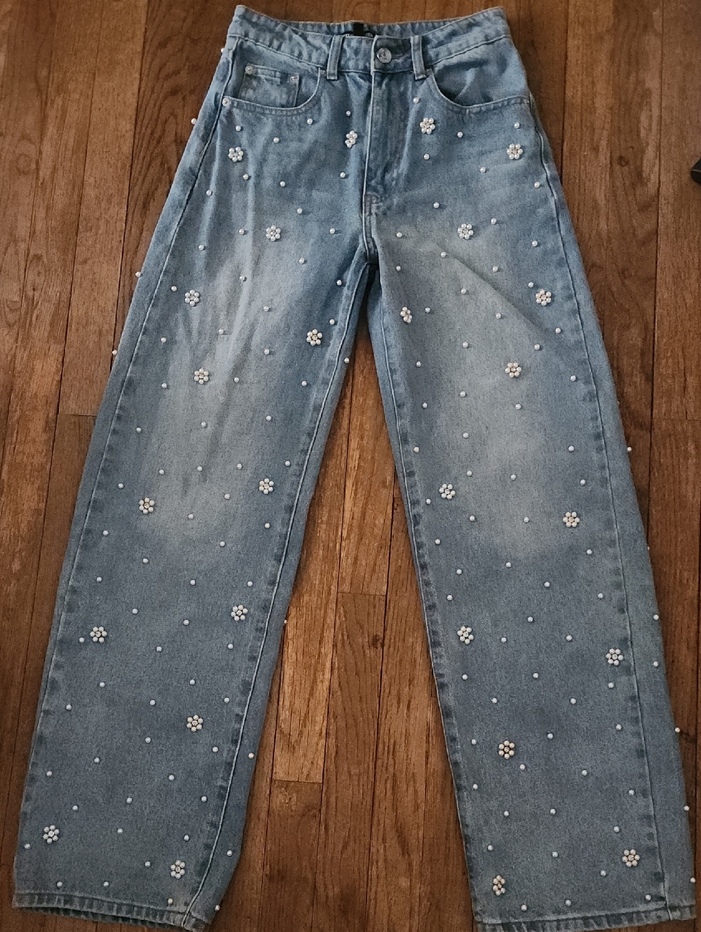 Fianna Barrel Leg Pearl Rhinestone Jeweled Studded Embellished Denim Jeans 27 - Picture 4 of 8